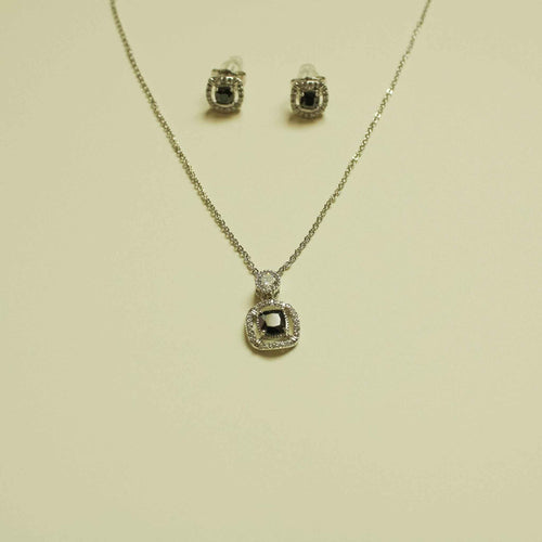 CZ halo pendant necklace and stud earrings with black center round halo design