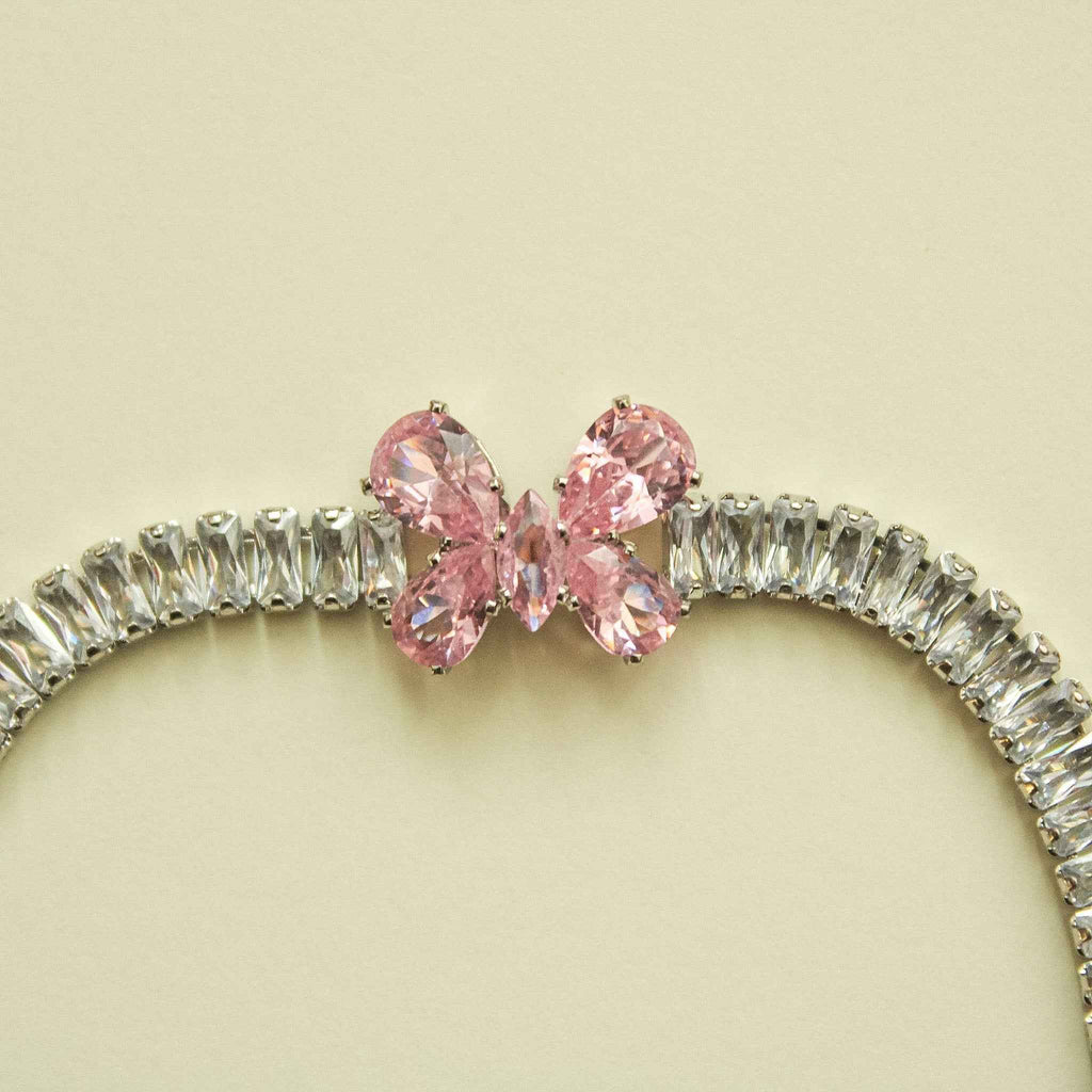 CZ baguette bracelet center bow with pink marquise and teardrop crystals