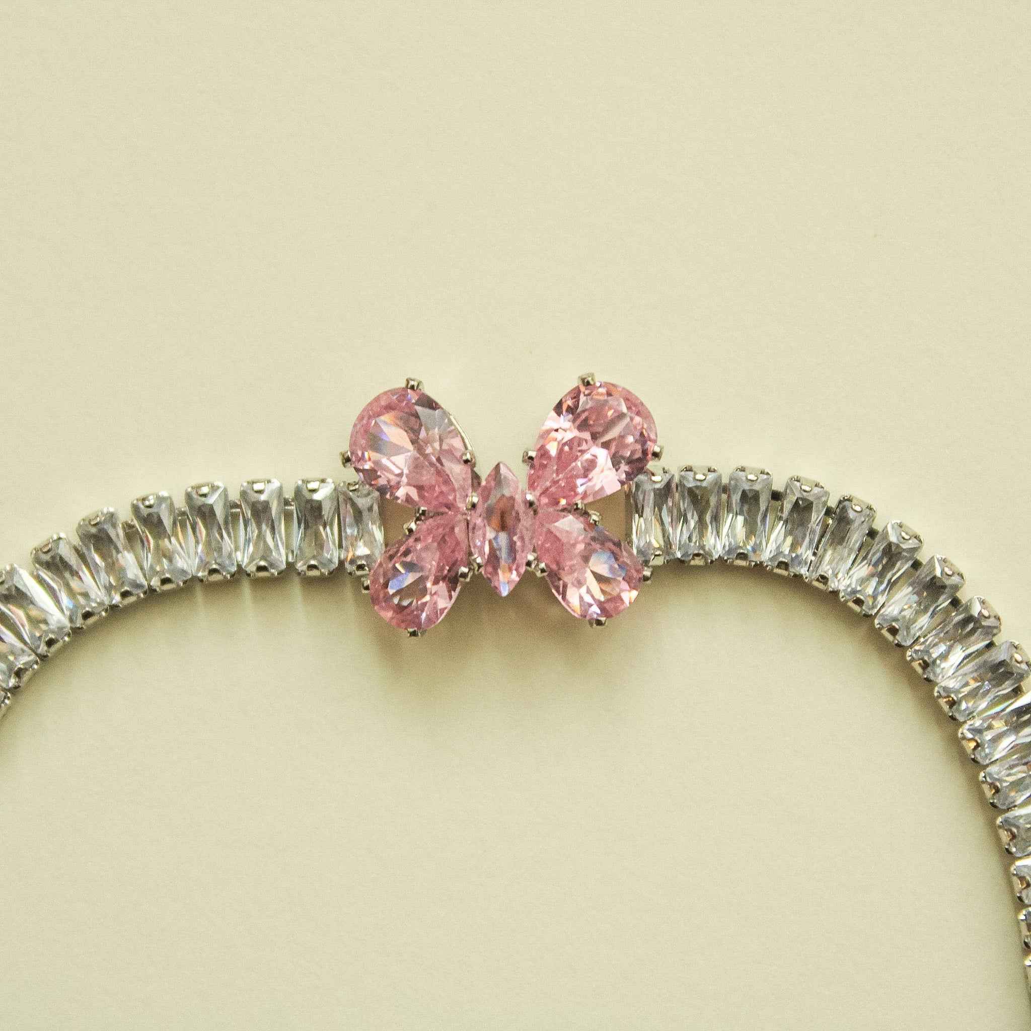 CZ baguette bracelet center bow with pink marquise and teardrop crystals