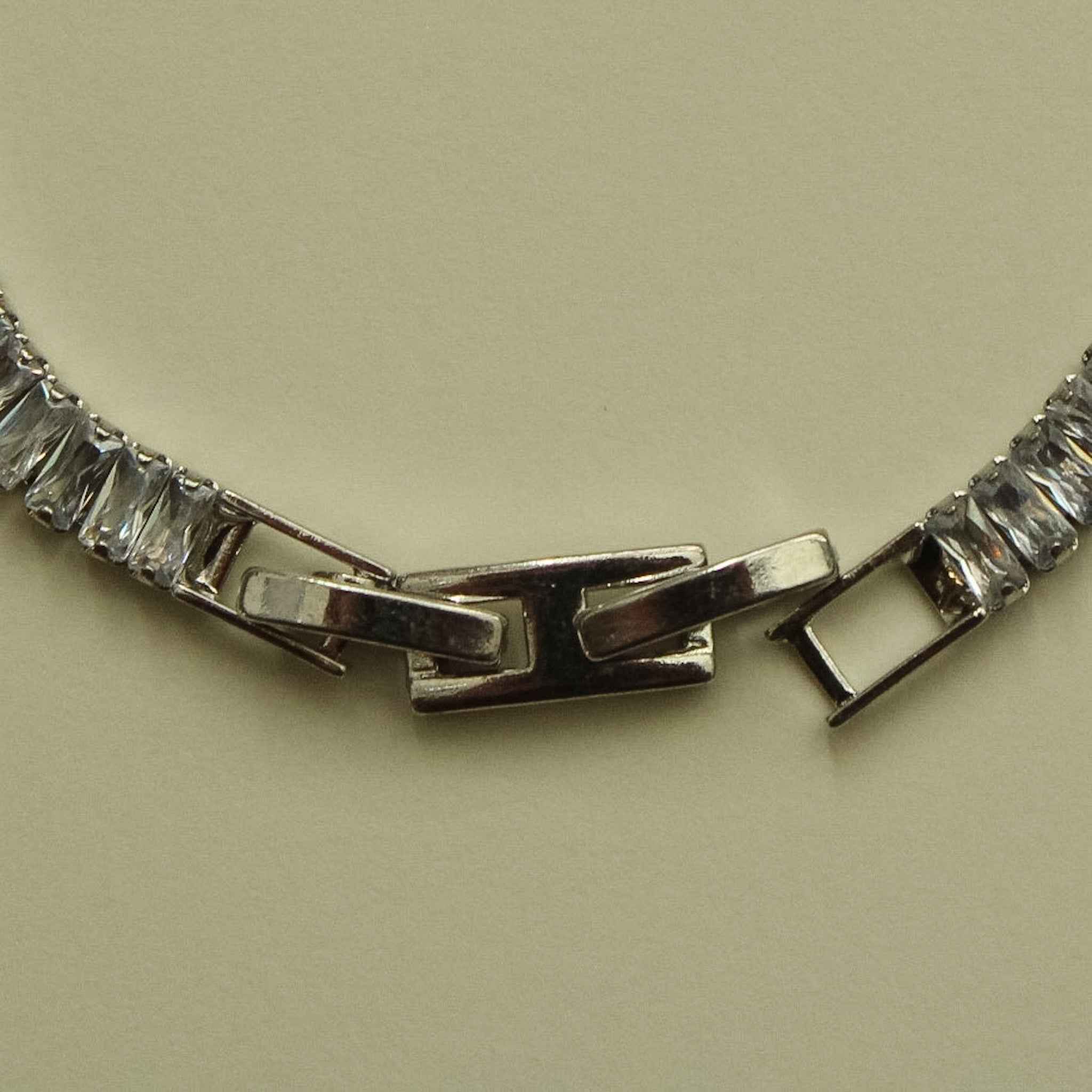 Silver CZ baguette bracelet clasp with hinged bar and open hook fastening