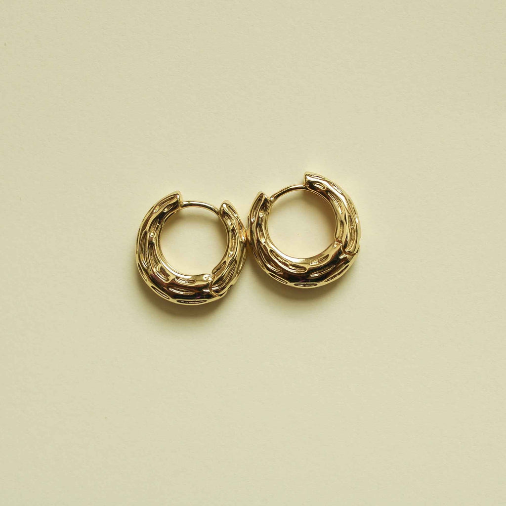 Gold textured huggie hoop earrings, pair of rounded chunky hoops
