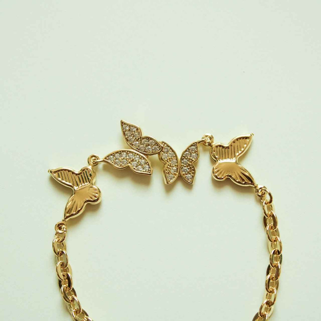 CZ Butterfly Station Chain Bracelet — 14K Gold Plated