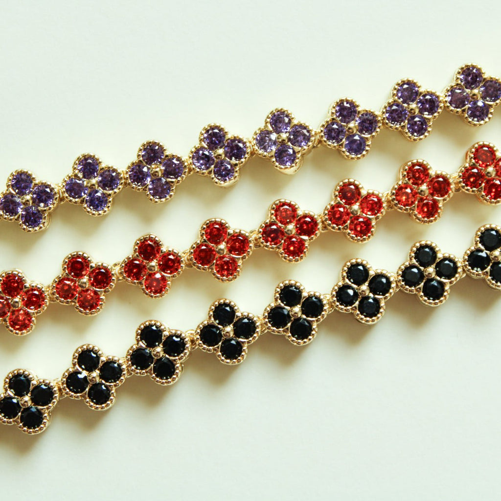 CZ Clover Link Bracelet — 14K Gold Plated | Red CZ, Amethyst & Black Onyx - Séfan Jewelry