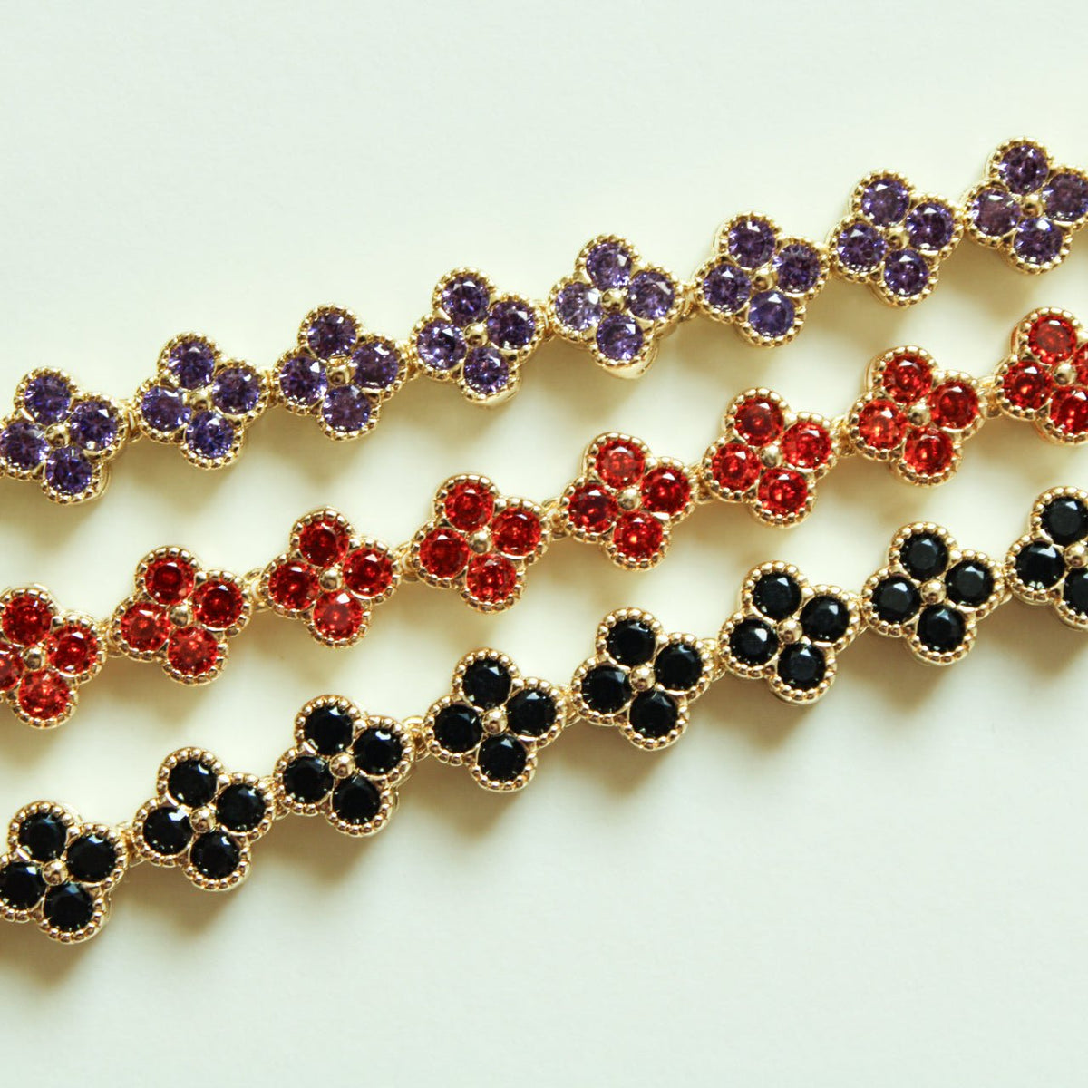 CZ Clover Link Bracelet — 14K Gold Plated | Red CZ, Amethyst & Black Onyx - Séfan Jewelry