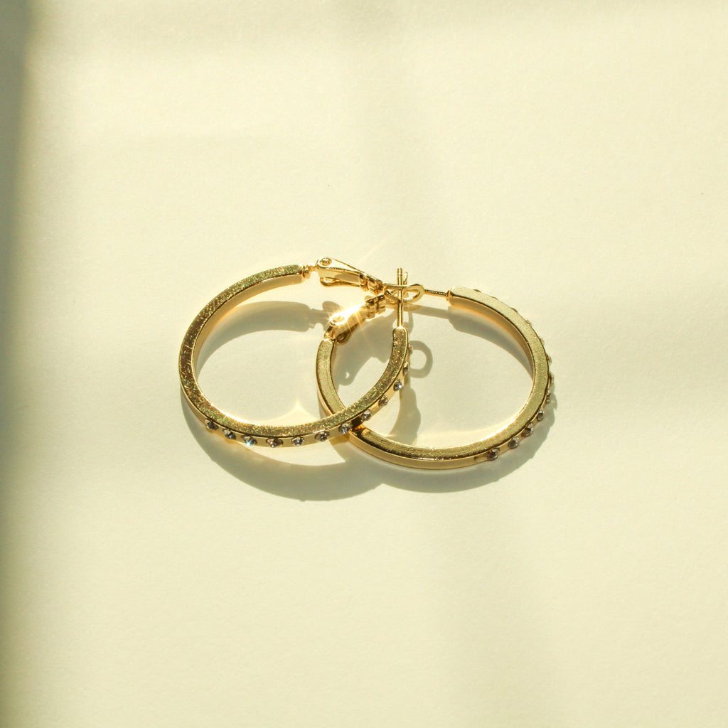 CZ Studded Flat Band Hoop Earrings — 14K Gold Plated | 3 Sizes - Séfan Jewelry