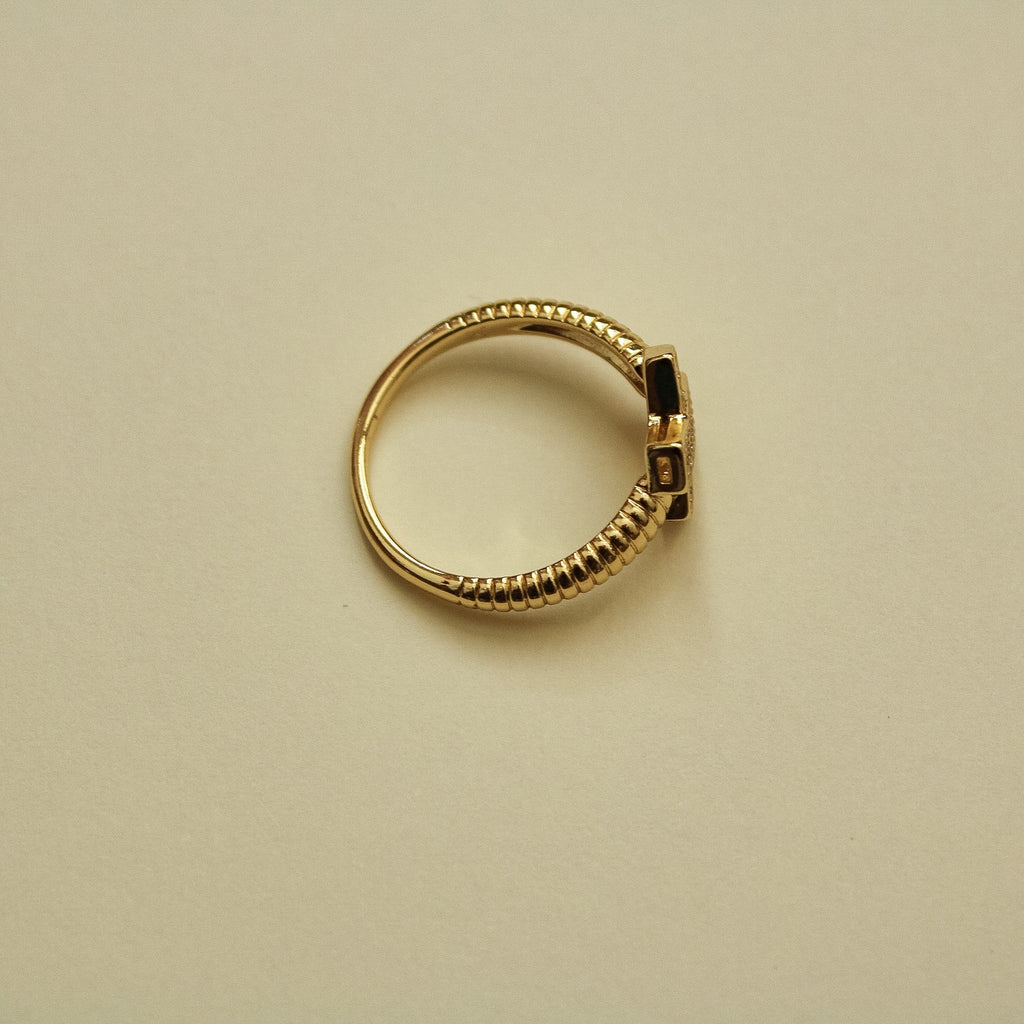 CZ X-Cross Pavé Ring with Ribbed Band — 14K Gold Plated - Séfan Jewelry