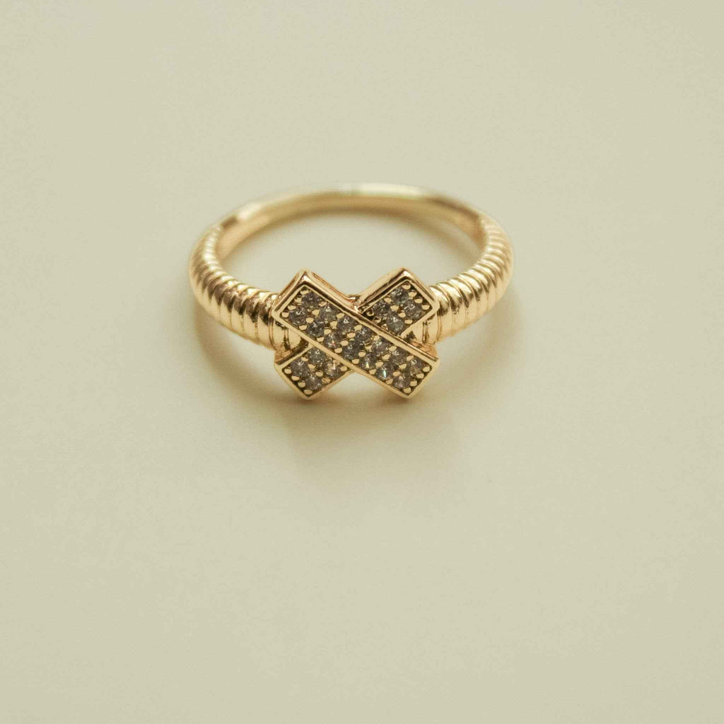 CZ X-Cross Pavé Ring with Ribbed Band — 14K Gold Plated