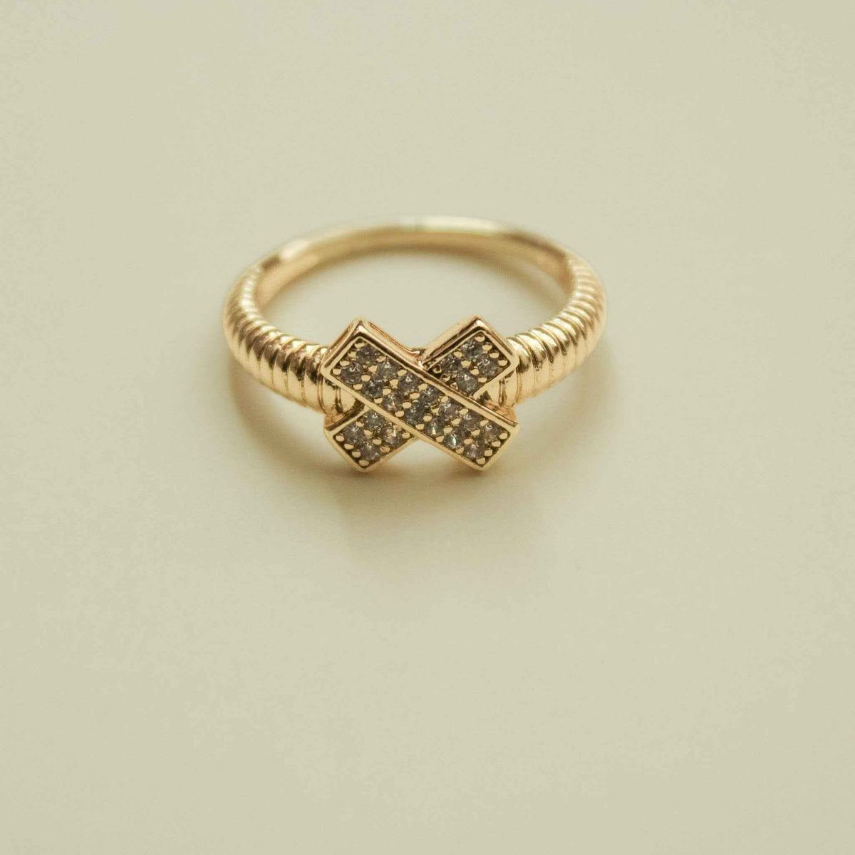 CZ X-Cross Pavé Ring with Ribbed Band — 14K Gold Plated