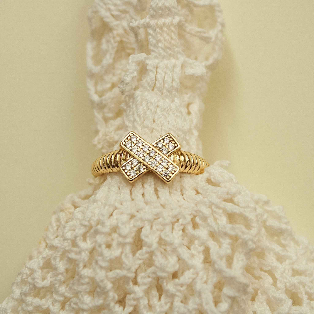 CZ X-Cross Pavé Ring with Ribbed Band — 14K Gold Plated
