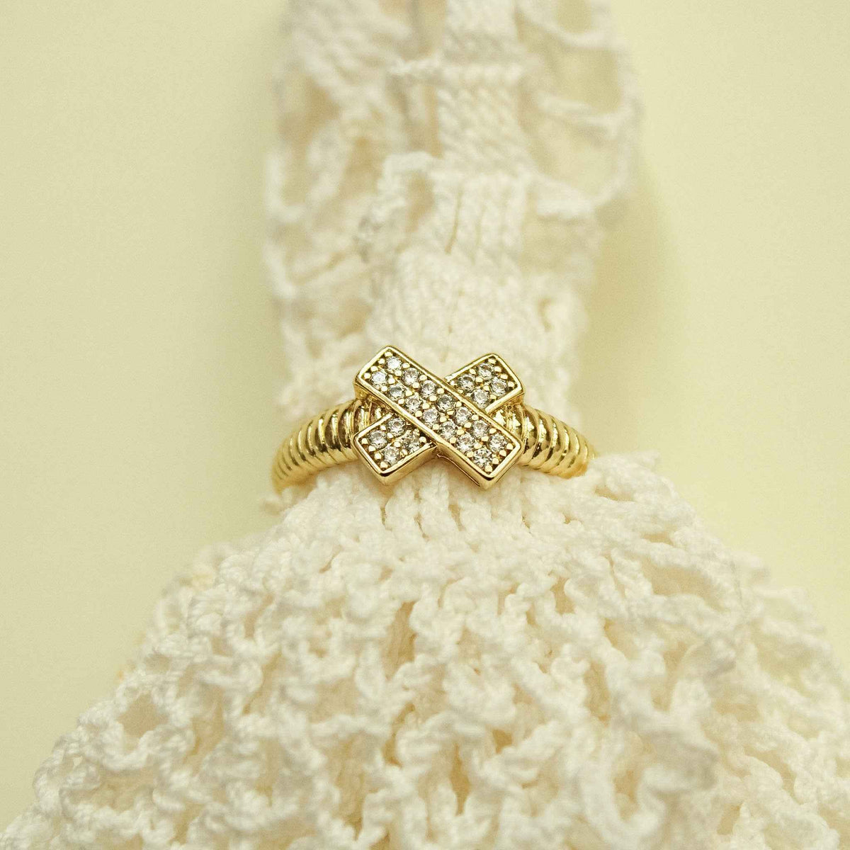 CZ X-Cross Pavé Ring with Ribbed Band — 14K Gold Plated