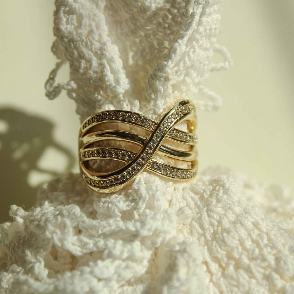 Infinity Crossover Pavé CZ Wide Band Ring — 14K Gold Plated