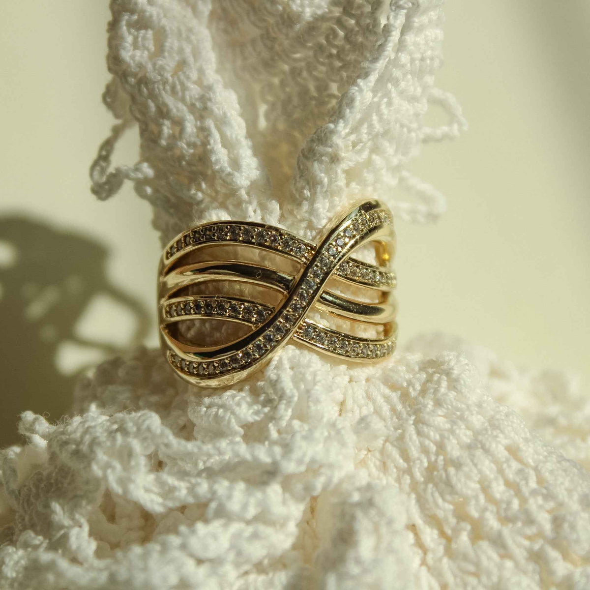 Infinity Crossover Pavé CZ Wide Band Ring — 14K Gold Plated