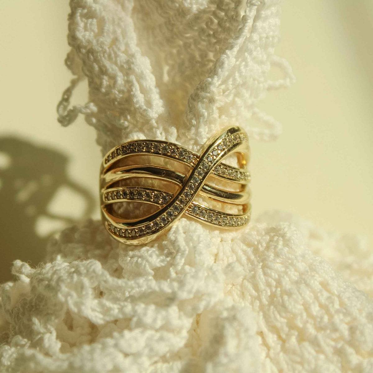 Infinity Crossover Pavé CZ Wide Band Ring — 14K Gold Plated