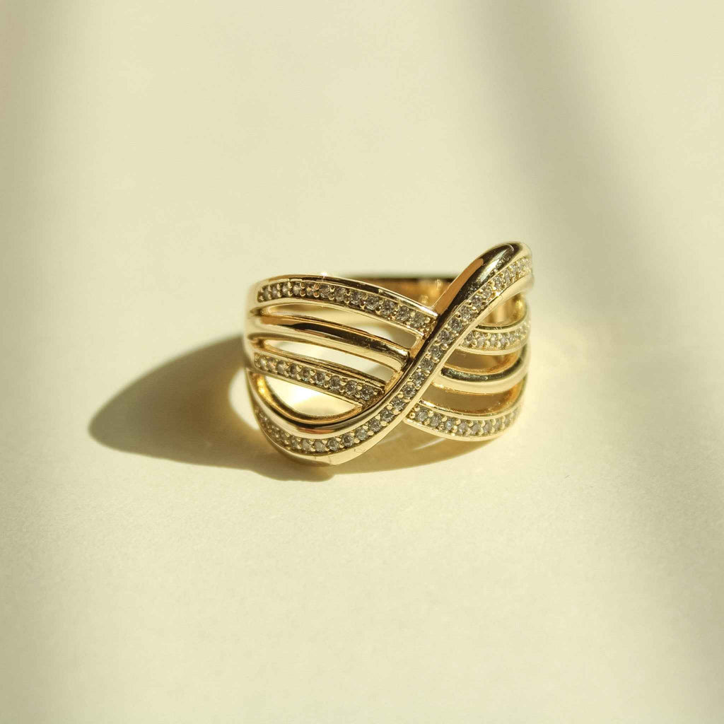 Infinity Crossover Pavé CZ Wide Band Ring — 14K Gold Plated