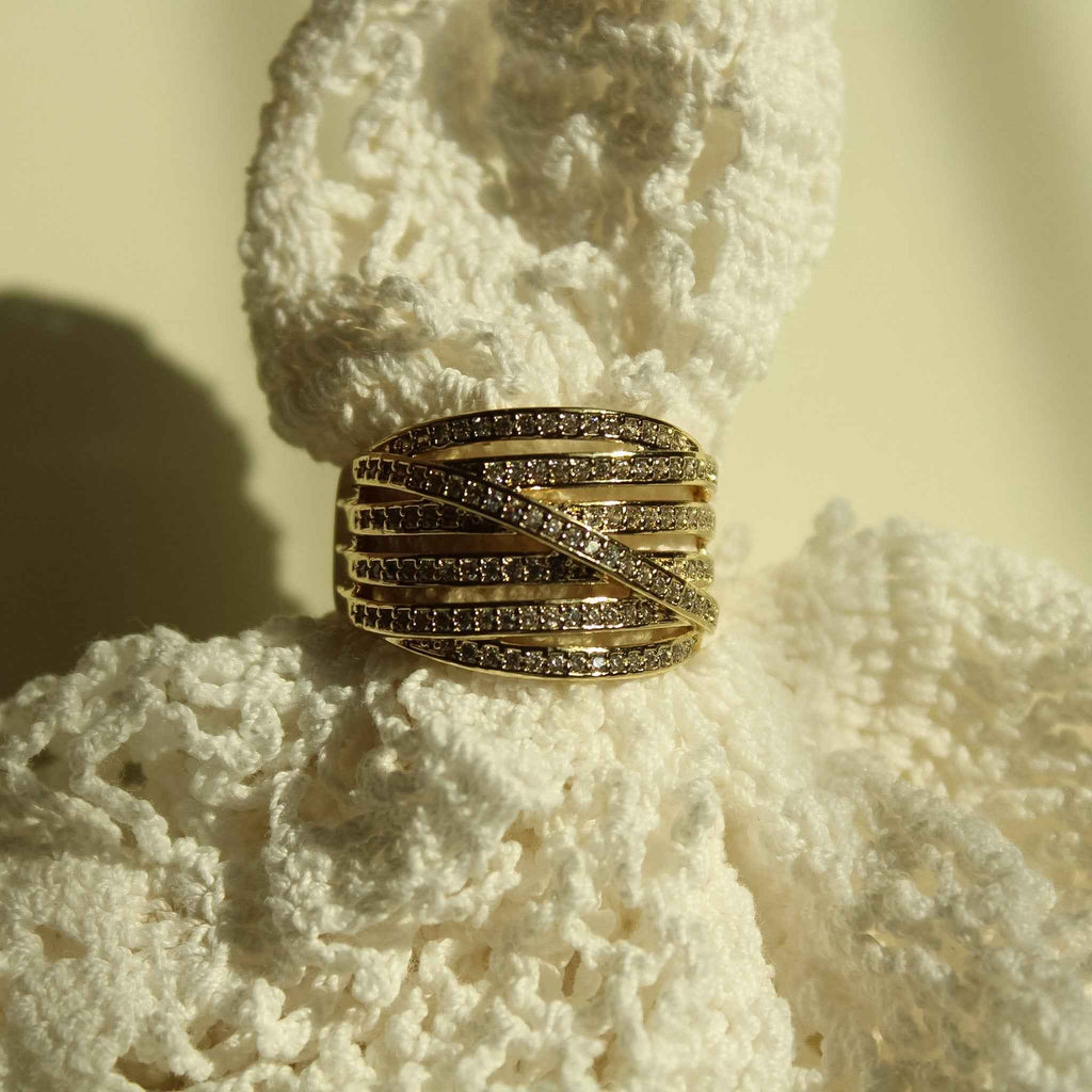 Multi-Row Crossover Pavé CZ Band Ring — 14K Gold Plated