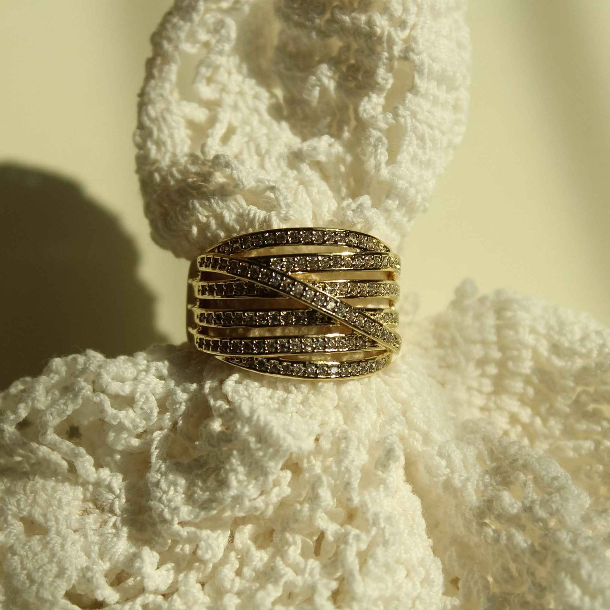 Multi-Row Crossover Pavé CZ Band Ring — 14K Gold Plated