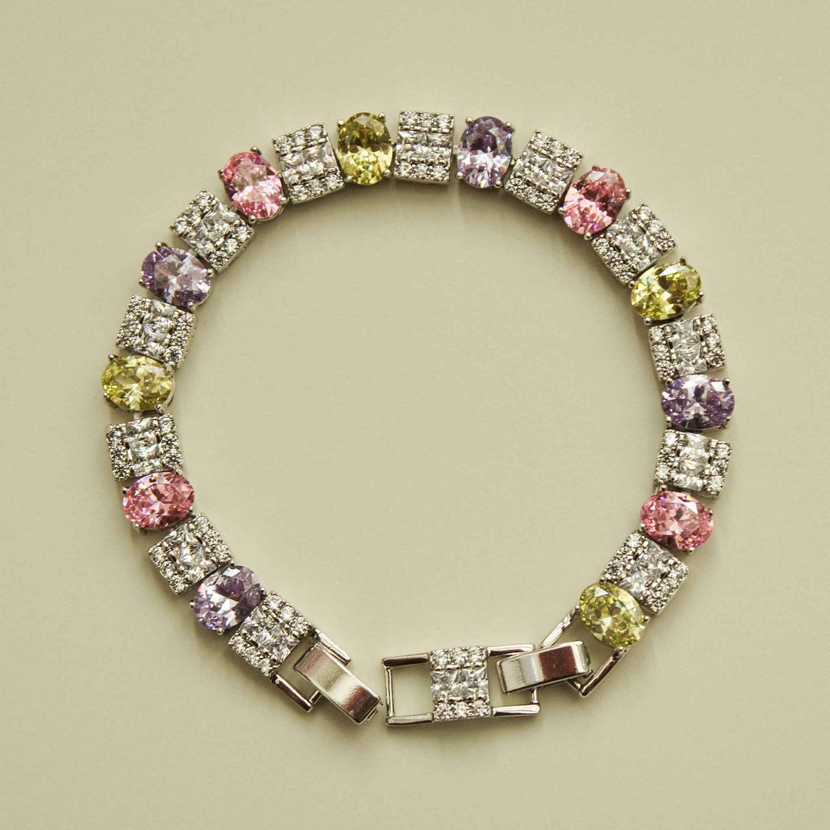 Multicolor Pastel & Jet Black Oval CZ Tennis Bracelet — Silver-Tone