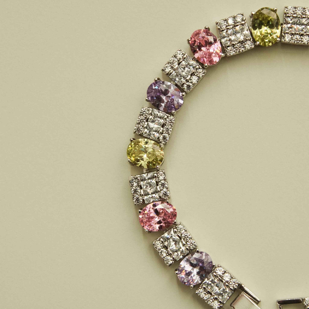 Multicolor Pastel & Jet Black Oval CZ Tennis Bracelet — Silver-Tone
