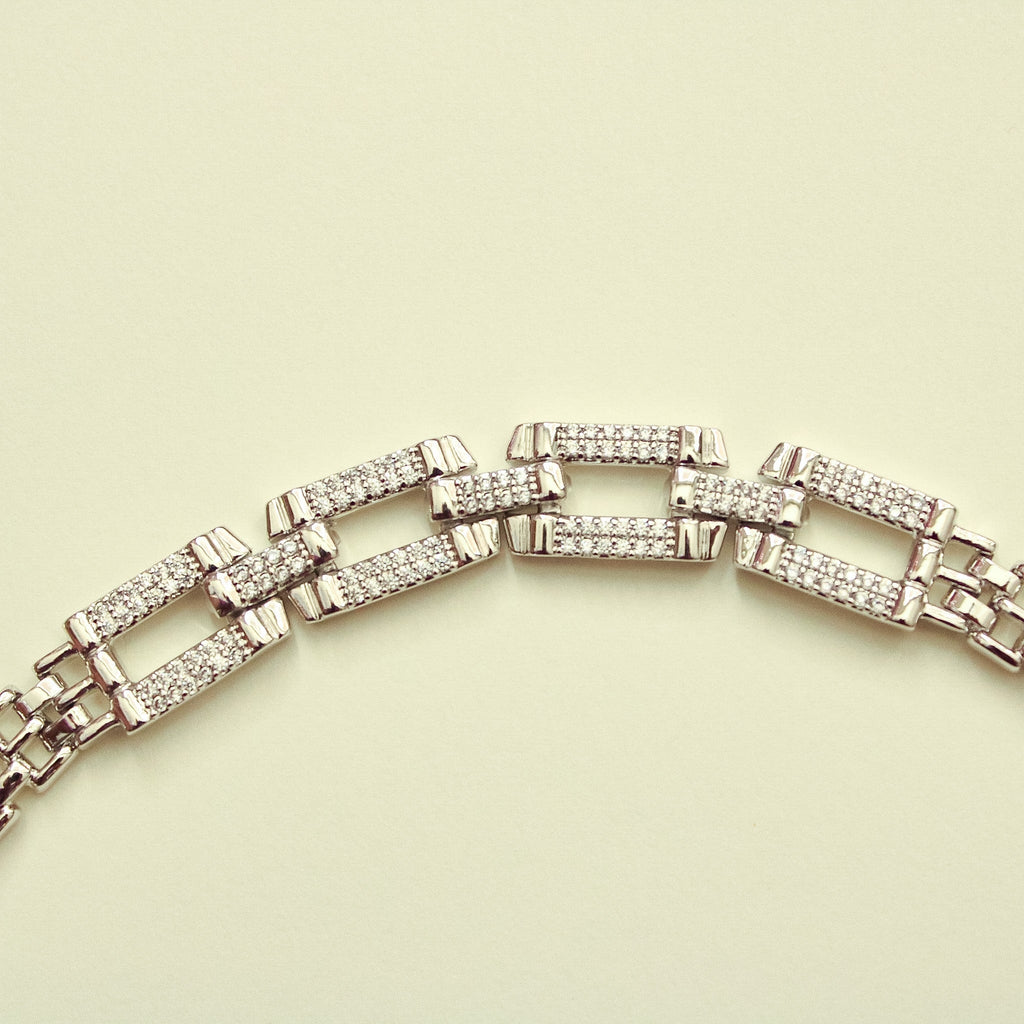 Silver rectangle pavé CZ bracelet, curved open-link section