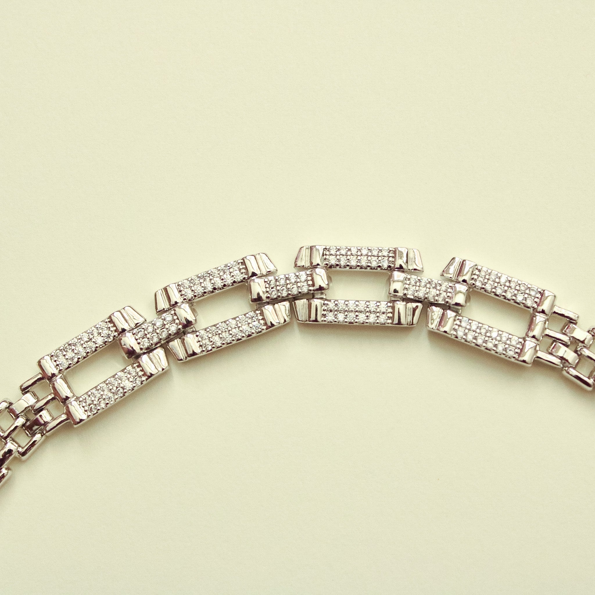 Silver rectangle pavé CZ bracelet, curved open-link section