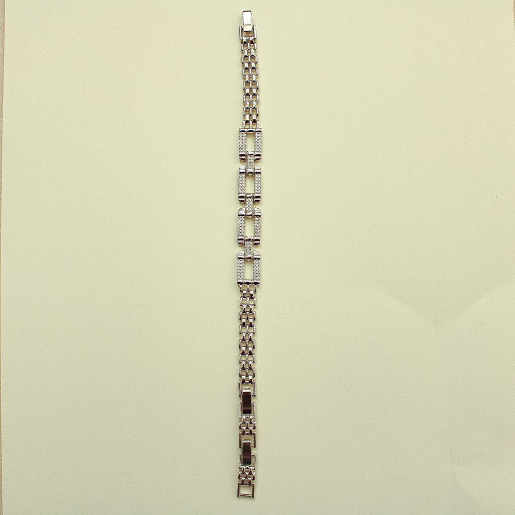 Silver rectangular pavé CZ bracelet chain, full length view