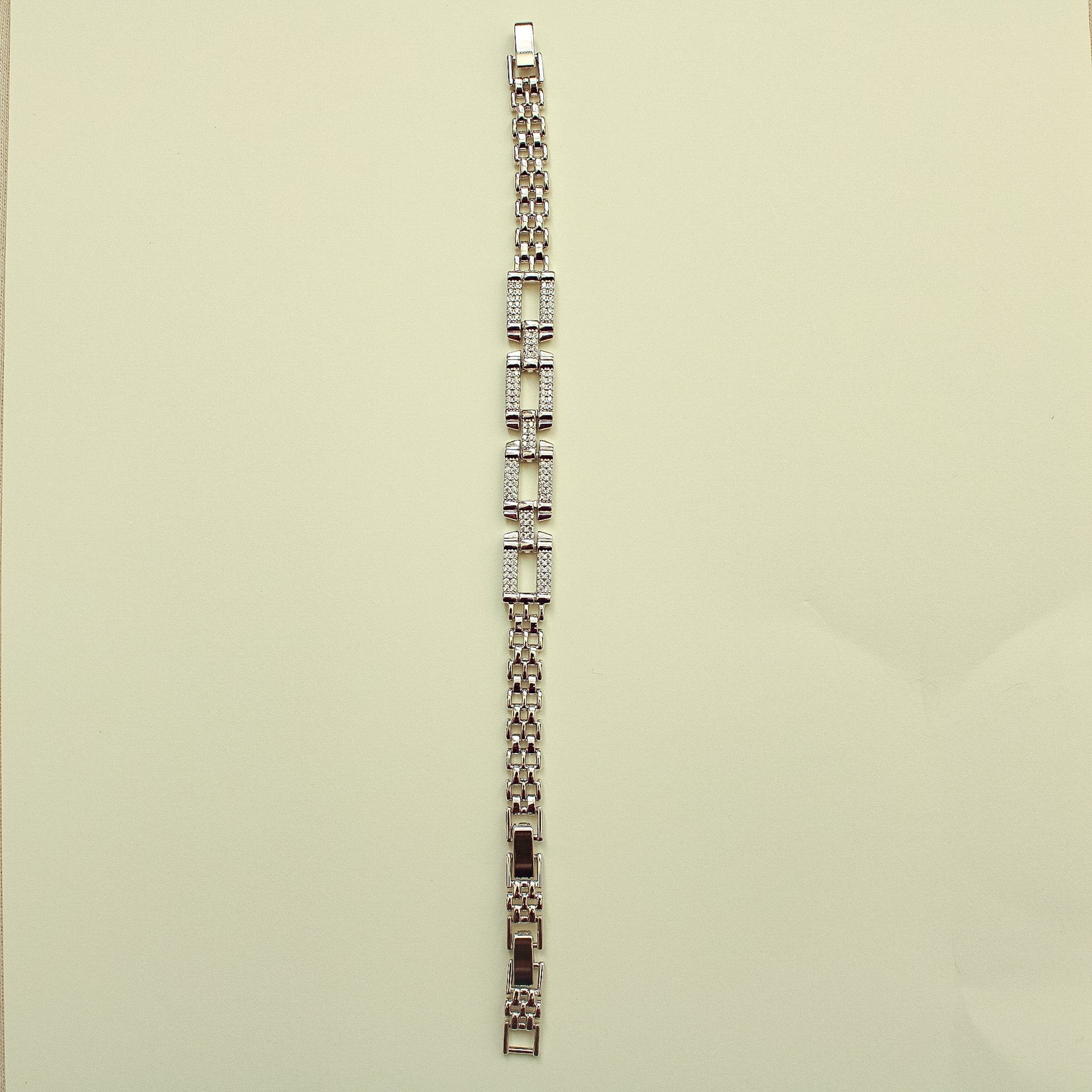 Silver rectangular pavé CZ bracelet chain, full length view