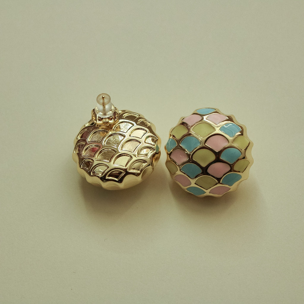 Dome stud earrings with pastel scale enamel and gold-tone textured rear