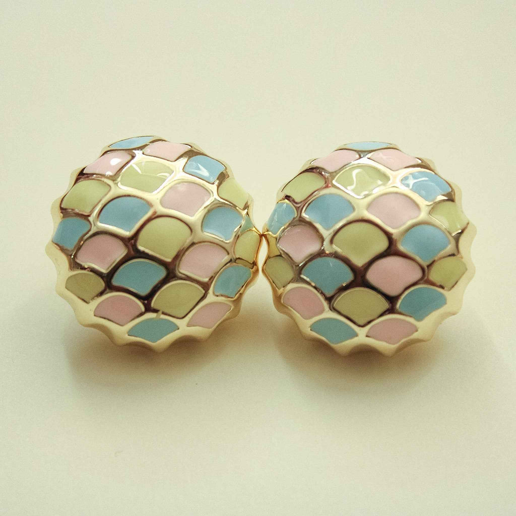 Dome stud earrings with pastel scale enamel in blue, pink, and green