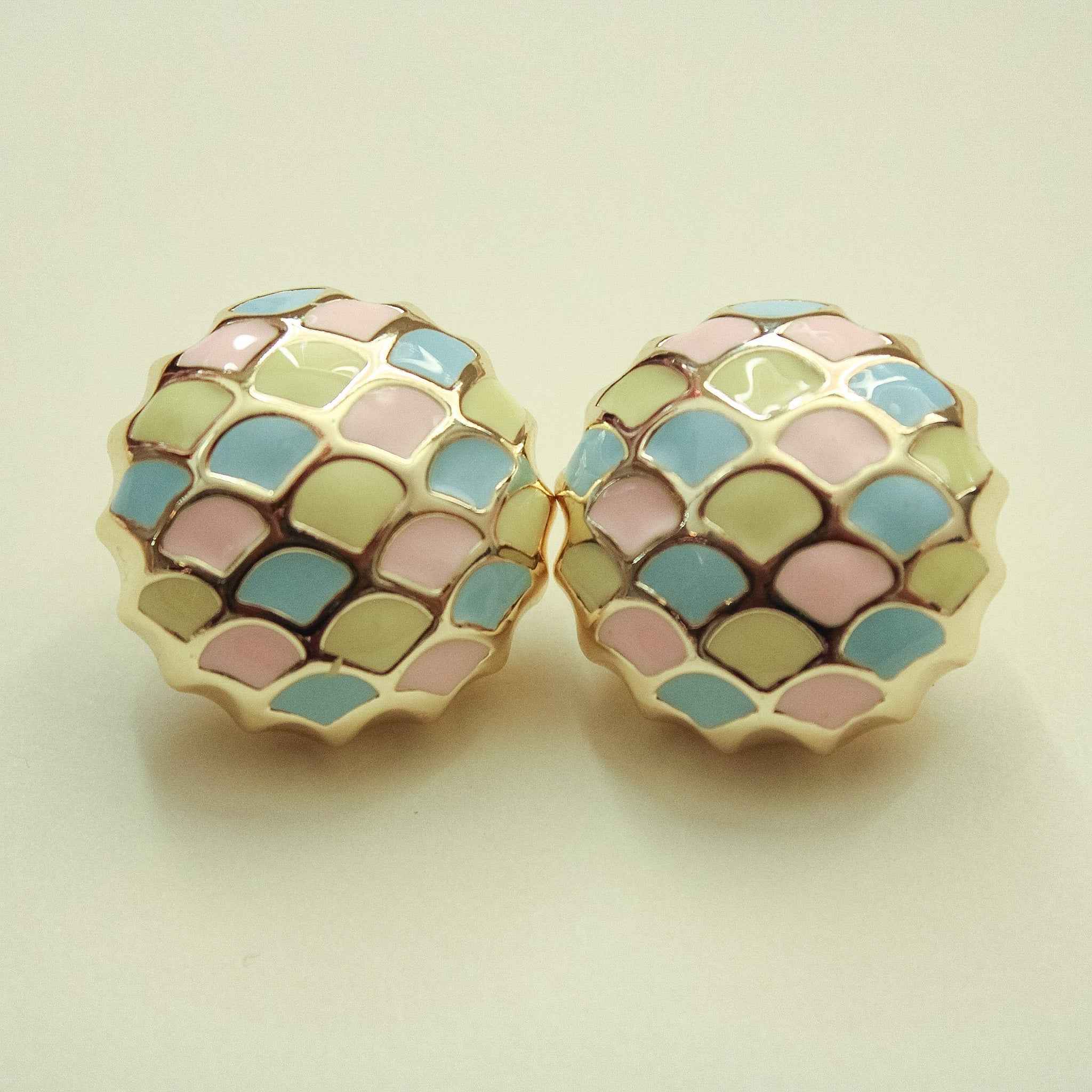 Dome stud earrings with pastel scale enamel in blue, pink, and green