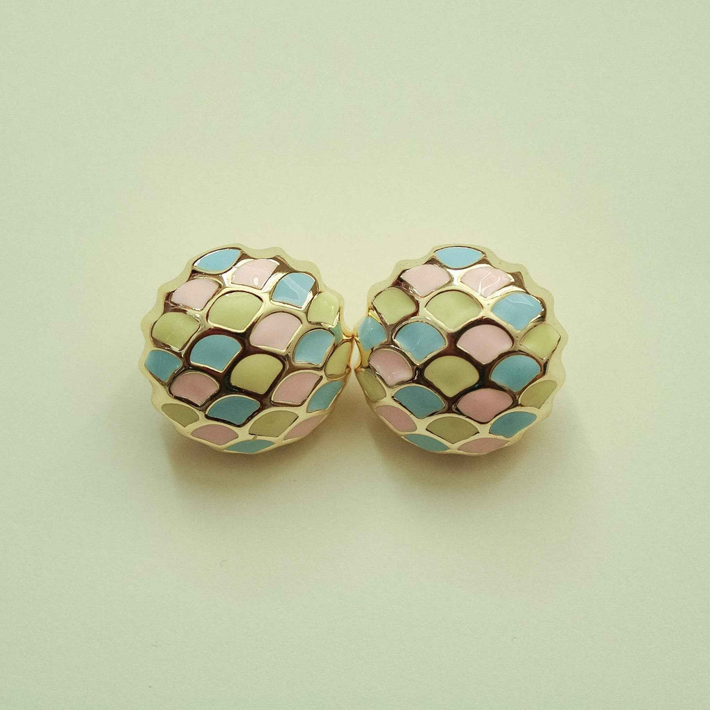 Dome stud earrings with pastel scale enamel pattern in multicolor tones