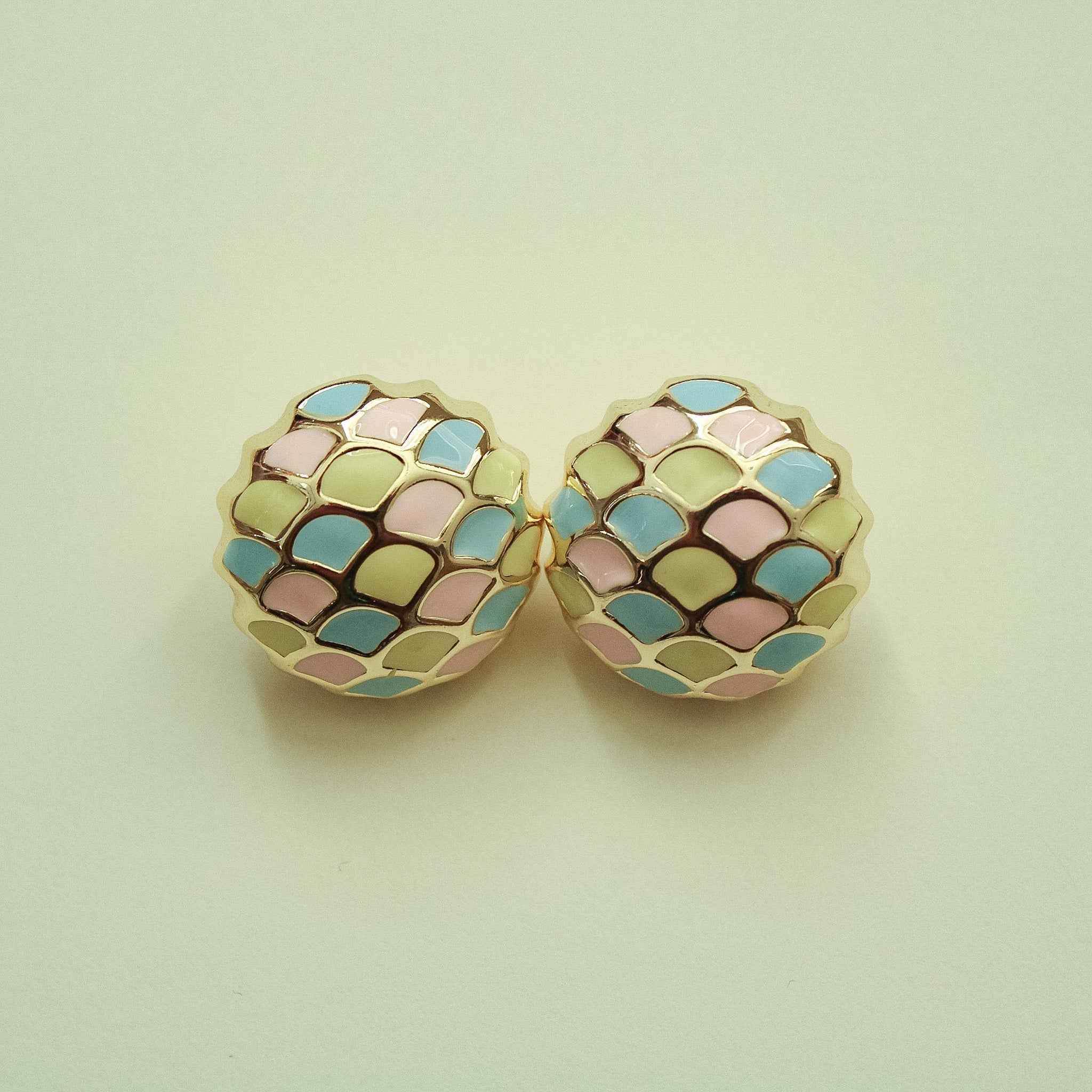 Dome stud earrings with pastel scale enamel pattern in multicolor tones
