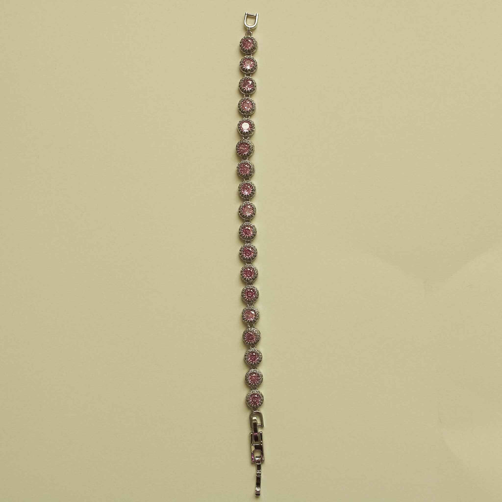 Pink halo CZ tennis bracelet with small loop clasp and row of round stones