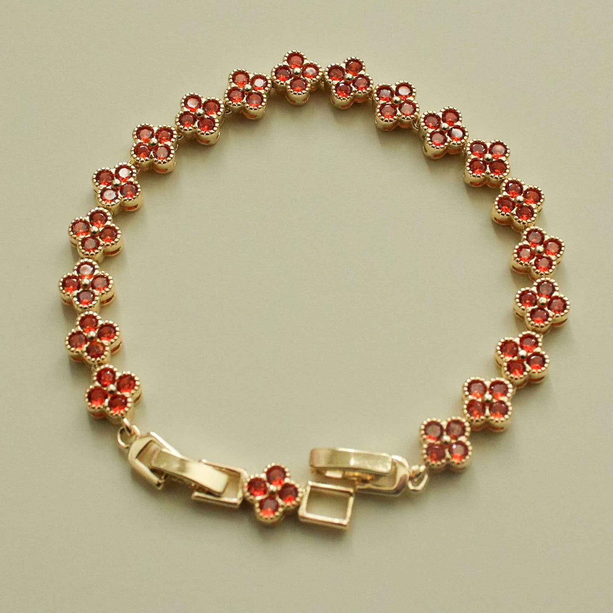 Red CZ Clover Link Bracelet — 14K Gold Plated