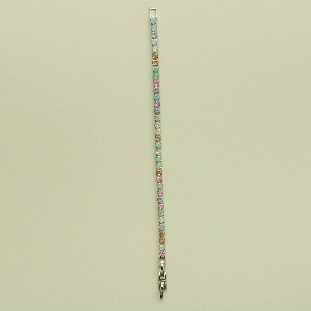 Multicolor CZ tennis bracelet with square clasp and silver-toned settings
