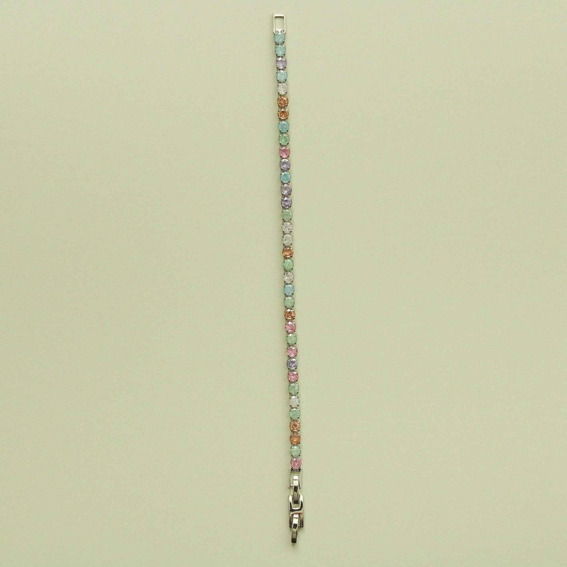 Multicolor CZ tennis bracelet with square clasp and silver-toned settings