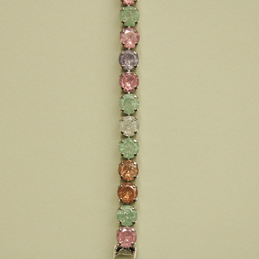 Multicolor CZ tennis bracelet with oval-cut pastel stones and silver-toned links