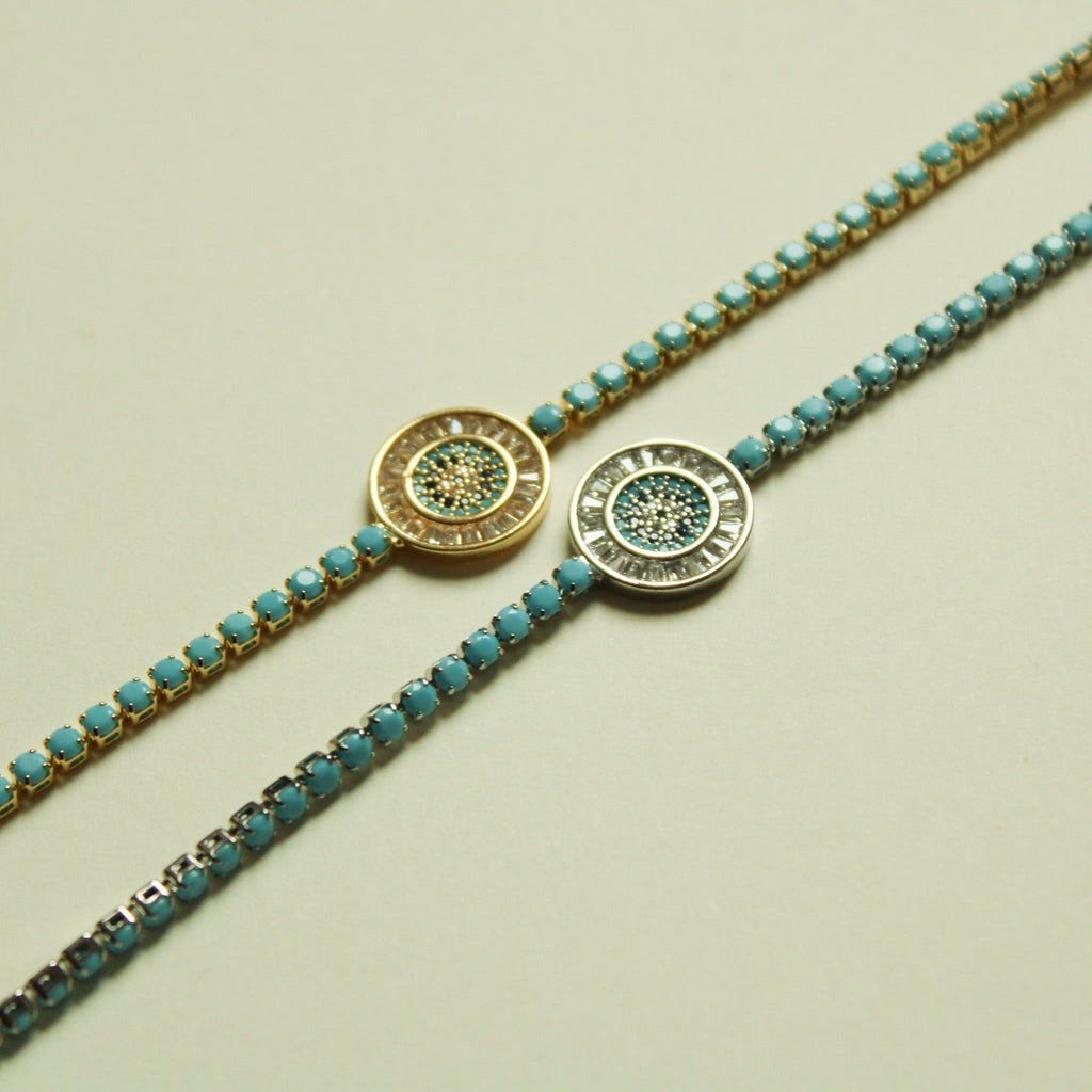 Turquoise Evil Eye Medallion Tennis Bracelet — 14K Gold Plated & White Gold Plated - Séfan Jewelry