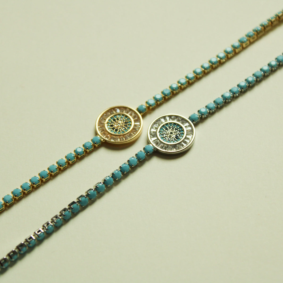 Turquoise Evil Eye Medallion Tennis Bracelet — 14K Gold Plated & White Gold Plated - Séfan Jewelry