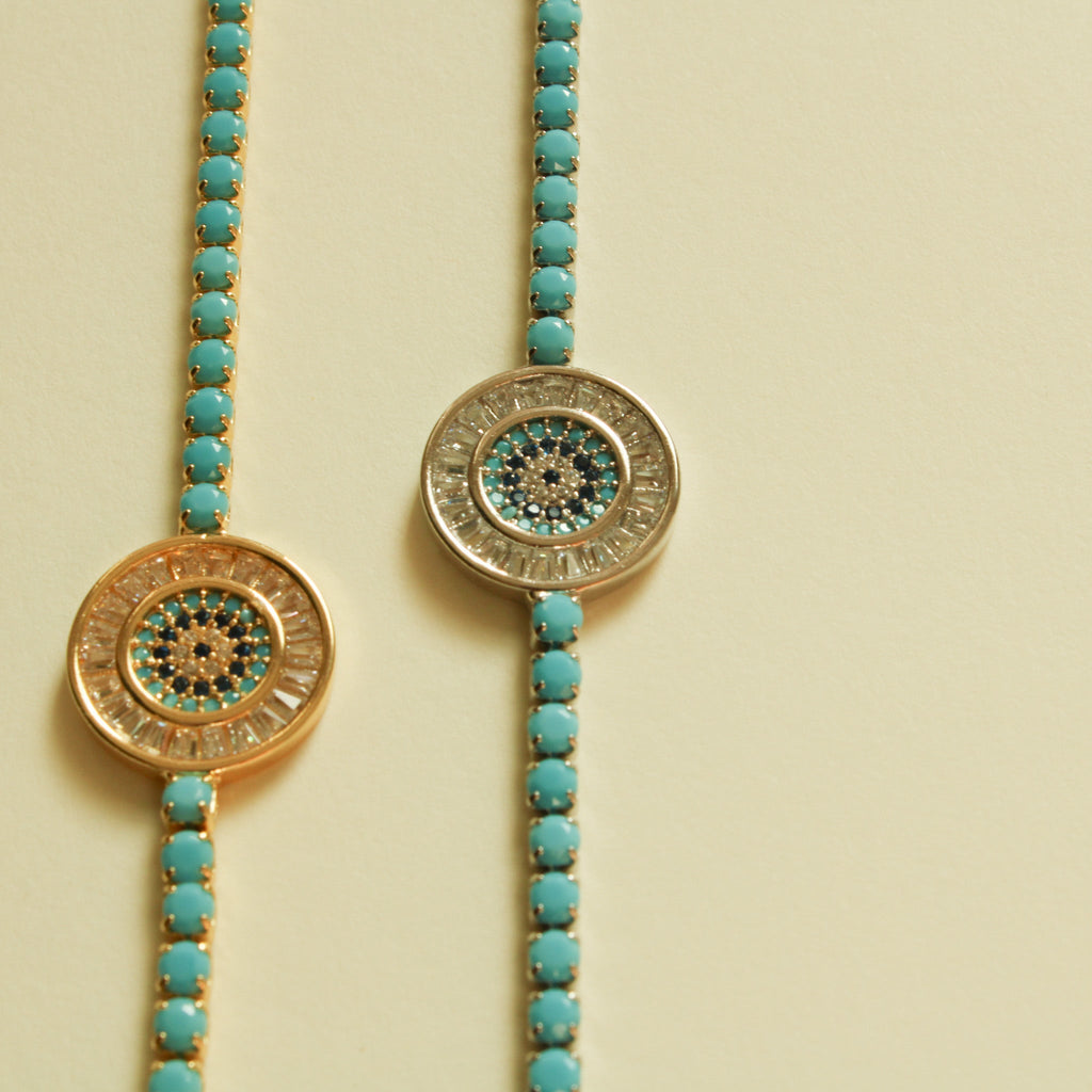 Turquoise Evil Eye Medallion Tennis Bracelet — 14K Gold Plated & White Gold Plated - Séfan Jewelry