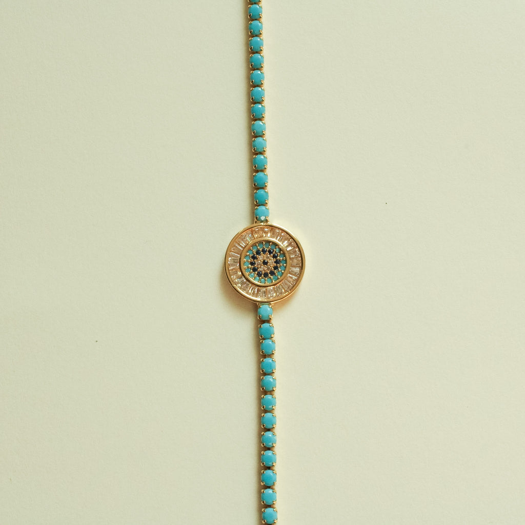 Turquoise Evil Eye Medallion Tennis Bracelet — 14K Gold Plated & White Gold Plated - Séfan Jewelry