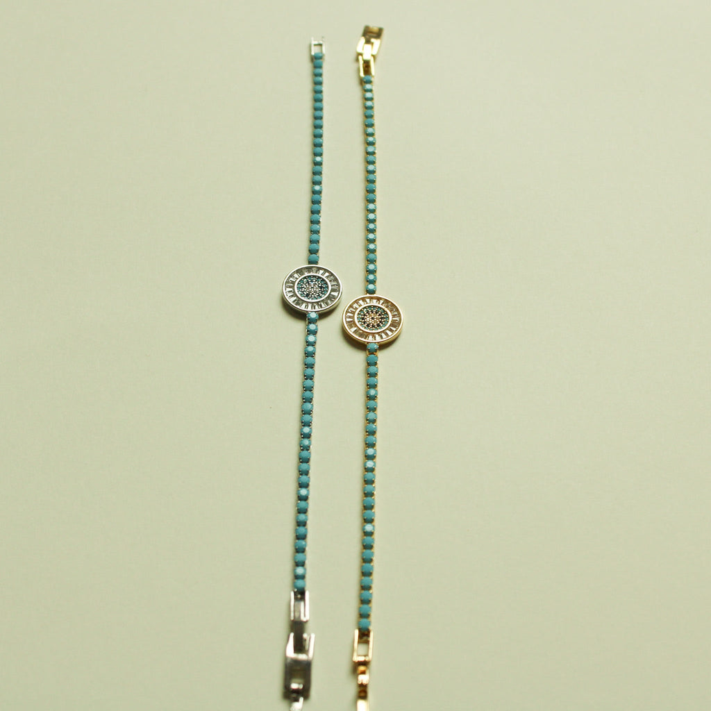 Turquoise Evil Eye Medallion Tennis Bracelet — 14K Gold Plated & White Gold Plated - Séfan Jewelry