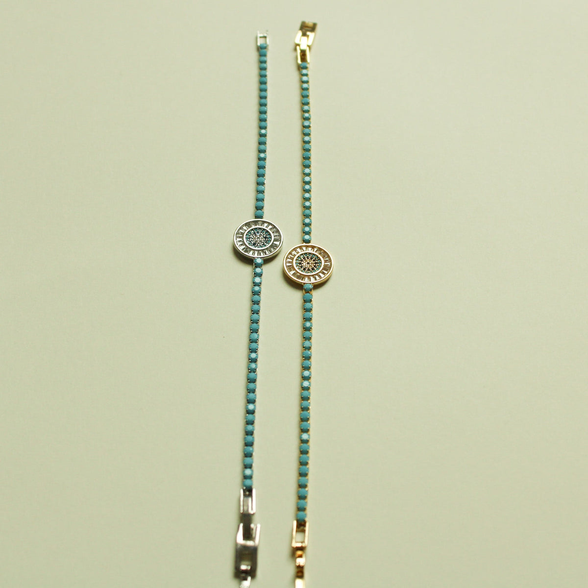 Turquoise Evil Eye Medallion Tennis Bracelet — 14K Gold Plated & White Gold Plated - Séfan Jewelry