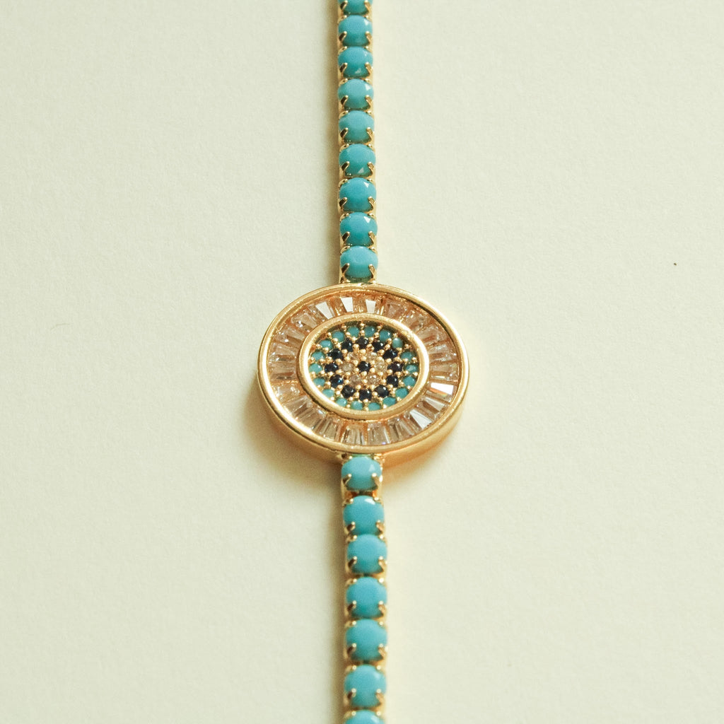 Turquoise Evil Eye Medallion Tennis Bracelet — 14K Gold Plated & White Gold Plated - Séfan Jewelry