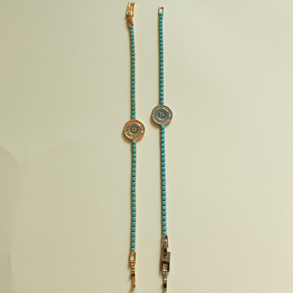 Turquoise Evil Eye Medallion Tennis Bracelet — 14K Gold Plated & White Gold Plated - Séfan Jewelry