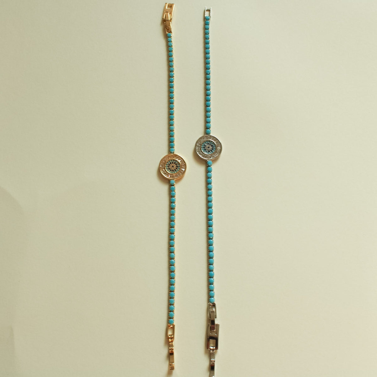 Turquoise Evil Eye Medallion Tennis Bracelet — 14K Gold Plated & White Gold Plated - Séfan Jewelry