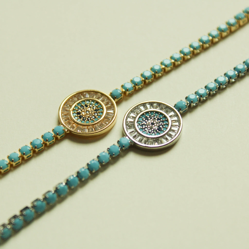 Turquoise Evil Eye Medallion Tennis Bracelet — 14K Gold Plated & White Gold Plated - Séfan Jewelry