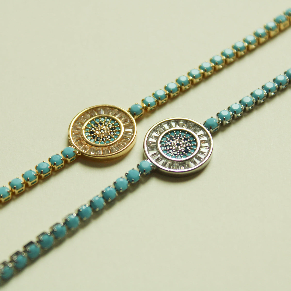 Turquoise Evil Eye Medallion Tennis Bracelet — 14K Gold Plated & White Gold Plated - Séfan Jewelry