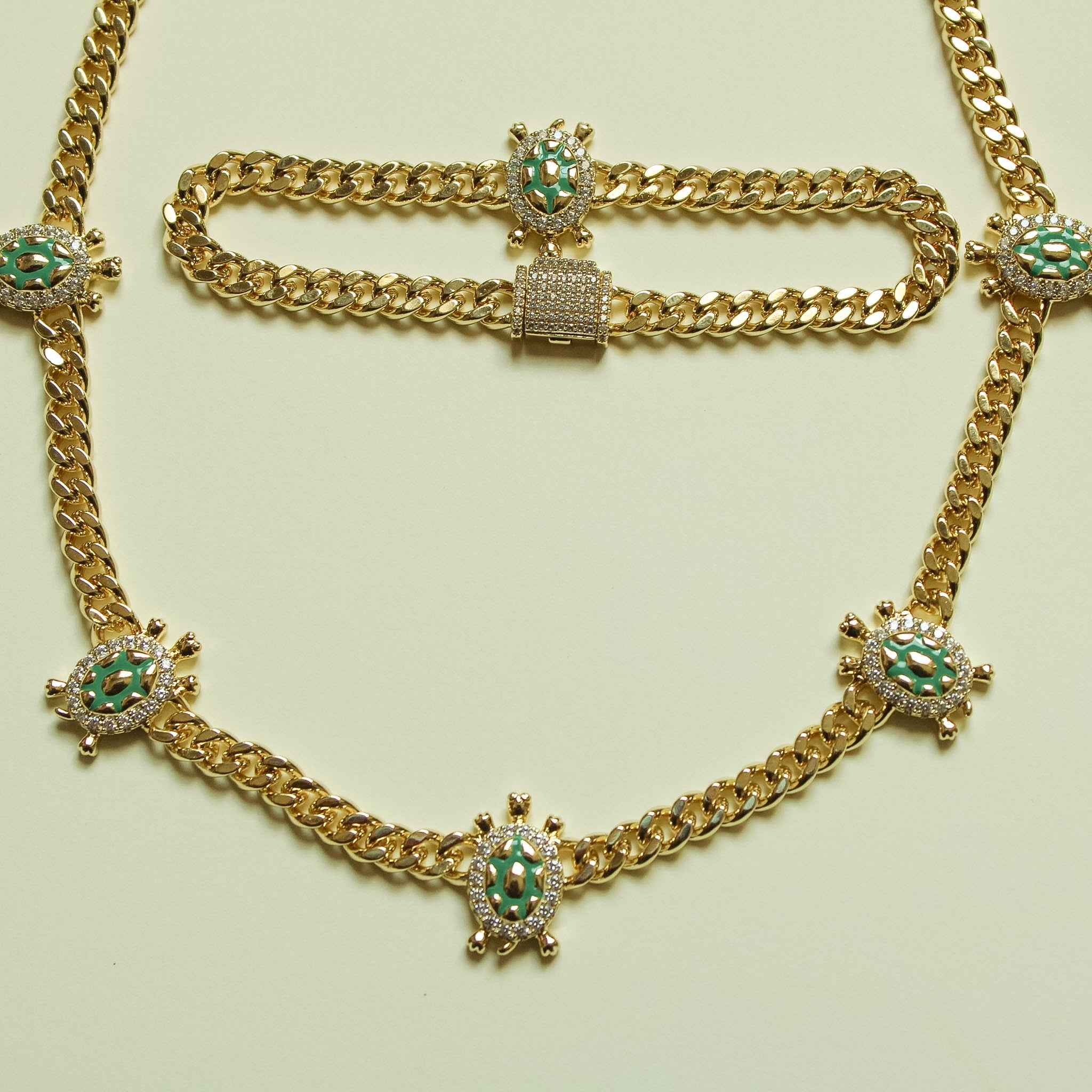 Gold Cuban chain necklace and bracelet set with turtle charms and turquoise accents